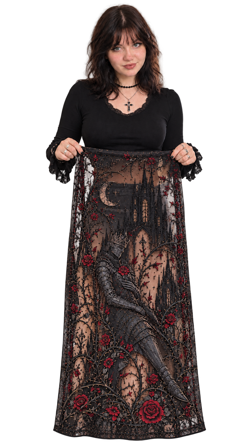 Lenna Hoffmann holding the dark fantasy embroidered fabric