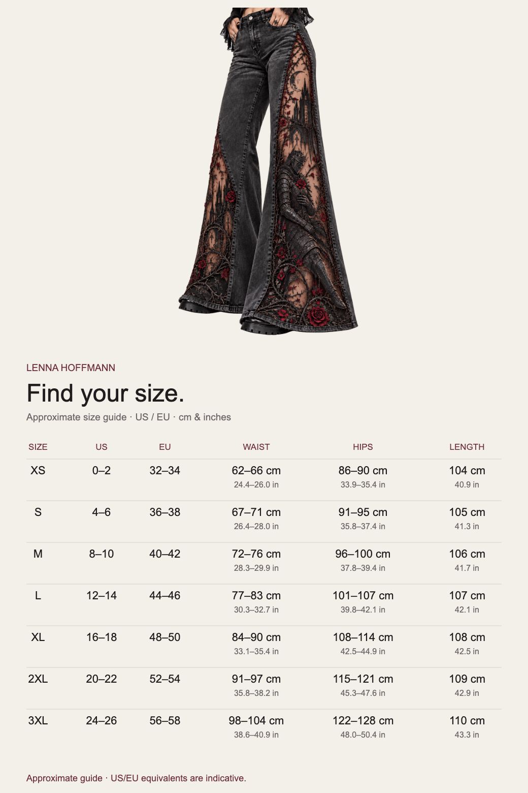 Size guide XS to 3XL with US and EU equivalents and Rose Knight Jeans preview